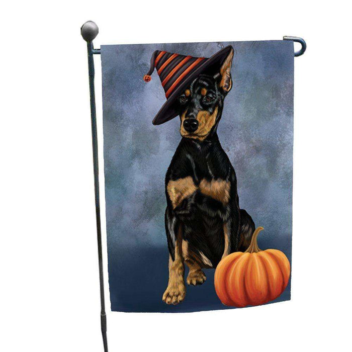 Happy Halloween Doberman Dog Wearing Witch Hat with Pumpkin Garden Flag