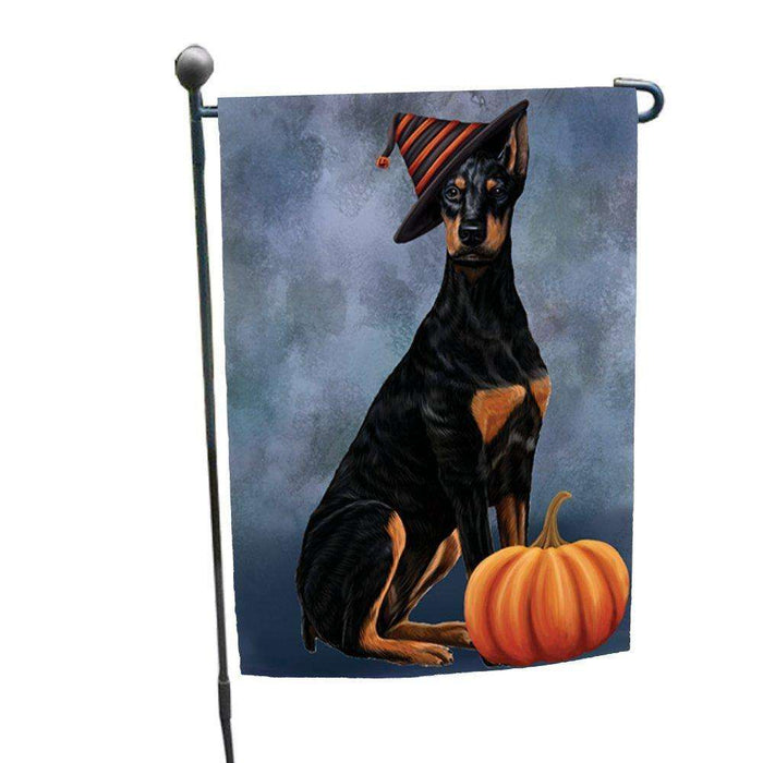 Happy Halloween Doberman Dog Wearing Witch Hat with Pumpkin Garden Flag