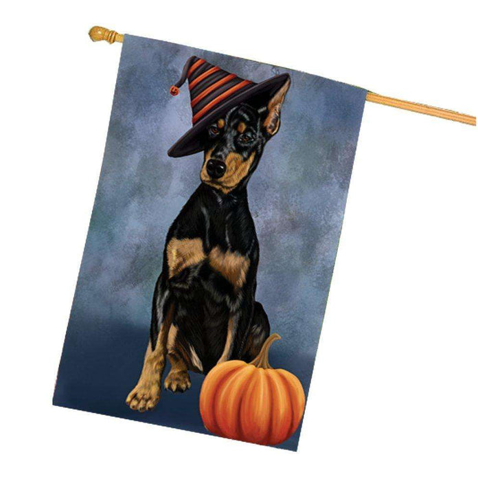Happy Halloween Doberman Dog Wearing Witch Hat with Pumpkin House Flag
