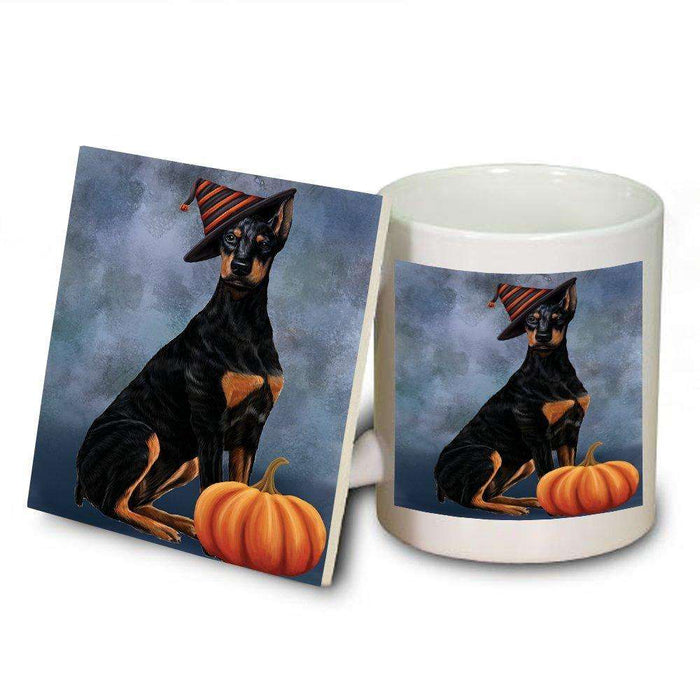 Happy Halloween Doberman Dog Wearing Witch Hat with Pumpkin Mug and Coaster Set