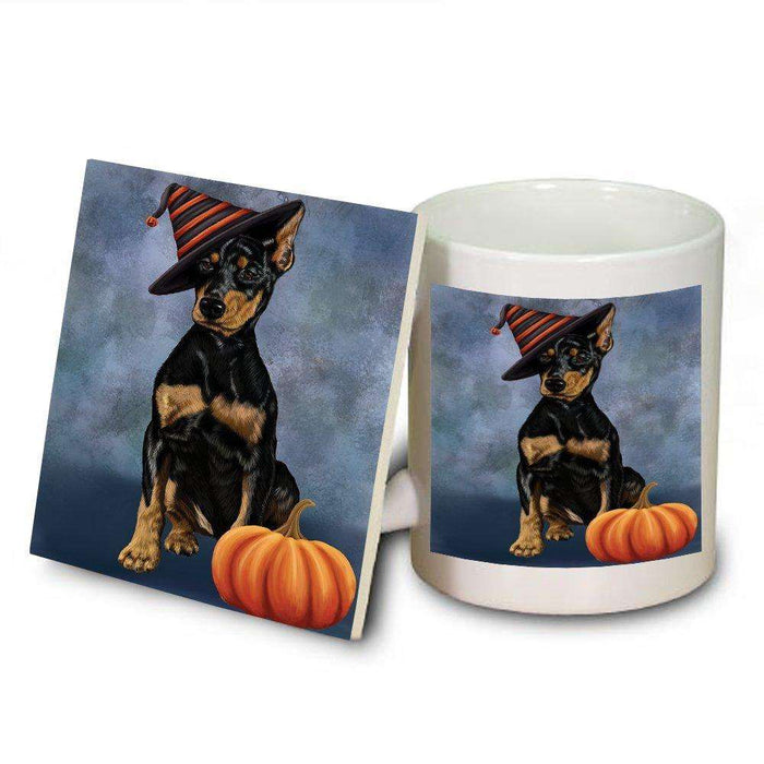 Happy Halloween Doberman Dog Wearing Witch Hat with Pumpkin Mug and Coaster Set