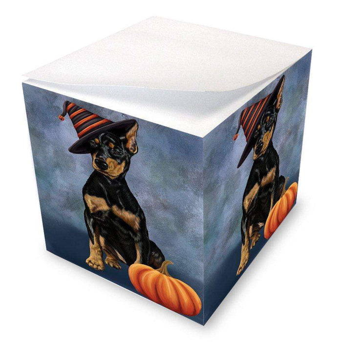 Happy Halloween Doberman Dog Wearing Witch Hat with Pumpkin Note Cube