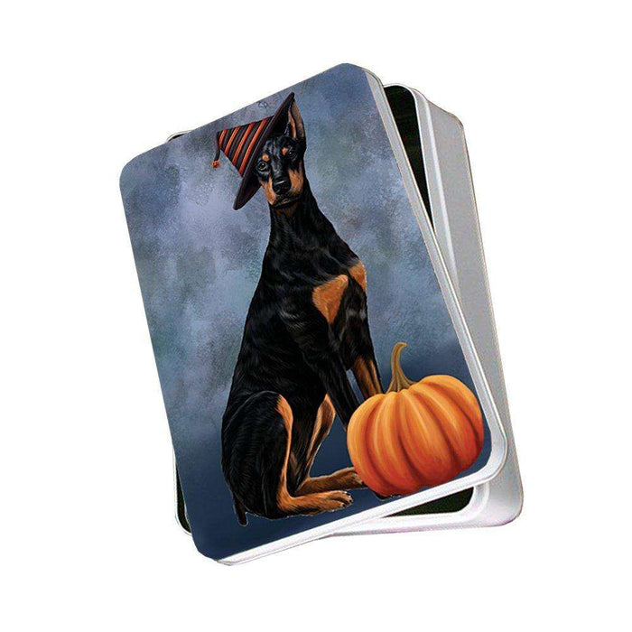 Happy Halloween Doberman Dog Wearing Witch Hat with Pumpkin Photo Storage Tin