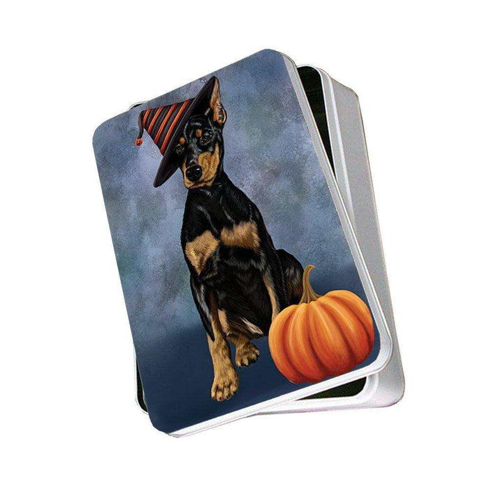 Happy Halloween Doberman Dog Wearing Witch Hat with Pumpkin Photo Storage Tin