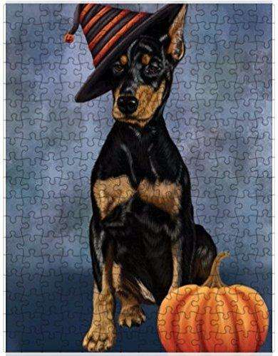 Happy Halloween Doberman Dog Wearing Witch Hat with Pumpkin Puzzle with Photo Tin