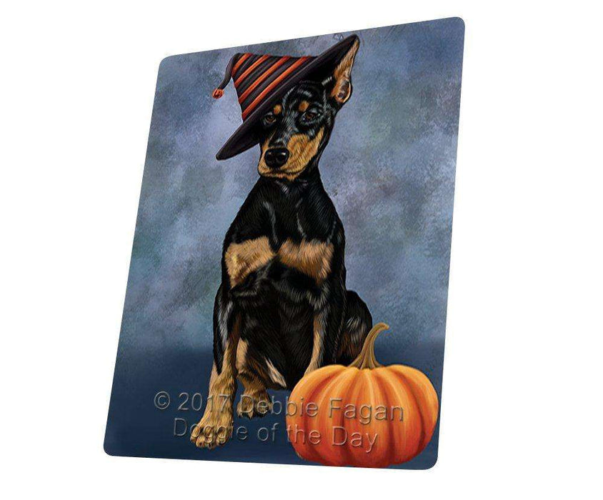 Happy Halloween Doberman Dog Wearing Witch Hat with Pumpkin Tempered Cutting Board (Small)