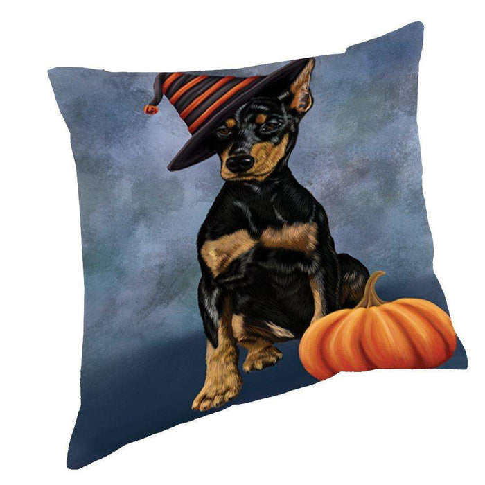 Happy Halloween Doberman Dog Wearing Witch Hat with Pumpkin Throw Pillow