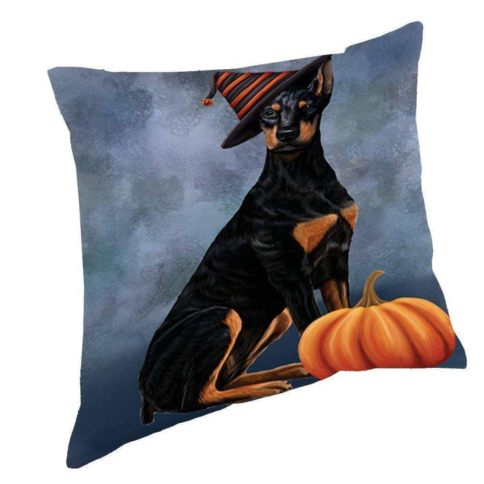 Happy Halloween Doberman Dog Wearing Witch Hat with Pumpkin Throw Pillow