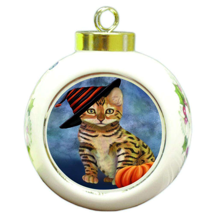 Happy Halloween Dragon Li Cat Wearing Witch Hat with Pumpkin Round Ball Christmas Ornament RBPOR55027