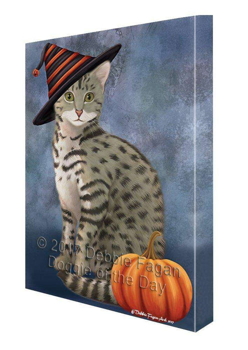Happy Halloween Egyptian Mau Cat Wearing Witch Hat with Pumpkin Canvas Wall Art