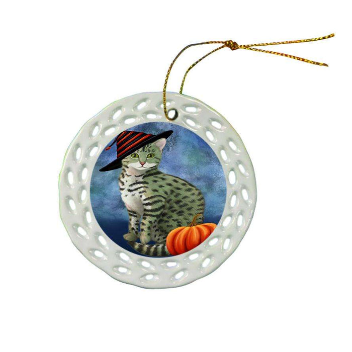 Happy Halloween Egyptian Mau Cat Wearing Witch Hat with Pumpkin Ceramic Doily Ornament DPOR55028