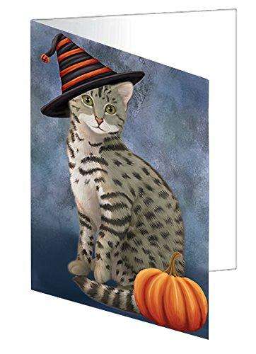Happy Halloween Egyptian Mau Cat Wearing Witch Hat with Pumpkin Handmade Artwork Assorted Pets Greeting Cards and Note Cards with Envelopes for All Occasions and Holiday Seasons