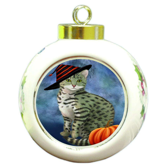 Happy Halloween Egyptian Mau Cat Wearing Witch Hat with Pumpkin Round Ball Christmas Ornament RBPOR55028