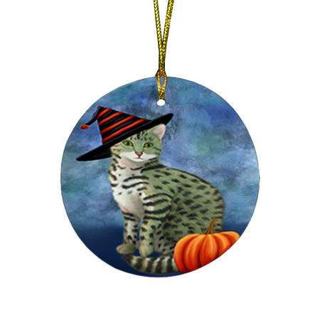 Happy Halloween Egyptian Mau Cat Wearing Witch Hat with Pumpkin Round Flat Christmas Ornament RFPOR55019