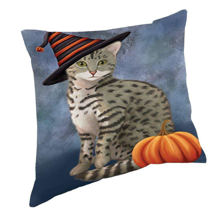 Happy Halloween Egyptian Mau Cat Wearing Witch Hat with Pumpkin Throw Pillow