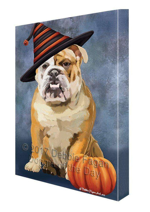 Happy Halloween English Bulldog Dog and Witch Hat with Pumpkin Wall Art Canvas