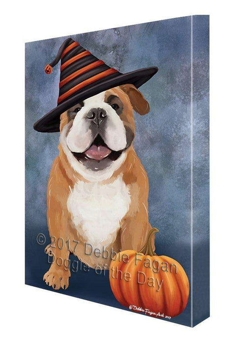 Happy Halloween English Bulldog Dog Wearing Witch Hat with Pumpkin Canvas Wall Art