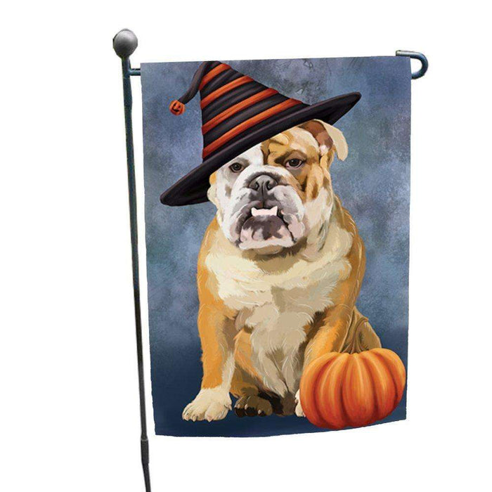 Happy Halloween English Bulldog Dog Wearing Witch Hat with Pumpkin Garden Flag