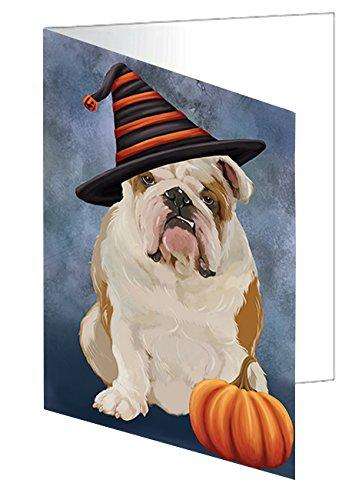 Happy Halloween English Bulldog Dog Wearing Witch Hat with Pumpkin Handmade Artwork Assorted Pets Greeting Cards and Note Cards with Envelopes for All Occasions and Holiday Seasons D472