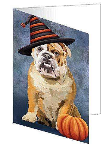 Happy Halloween English Bulldog Dog Wearing Witch Hat with Pumpkin Handmade Artwork Assorted Pets Greeting Cards and Note Cards with Envelopes for All Occasions and Holiday Seasons D473