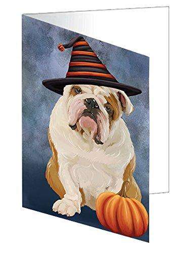 Happy Halloween English Bulldog Dog Wearing Witch Hat with Pumpkin Handmade Artwork Assorted Pets Greeting Cards and Note Cards with Envelopes for All Occasions and Holiday Seasons D474