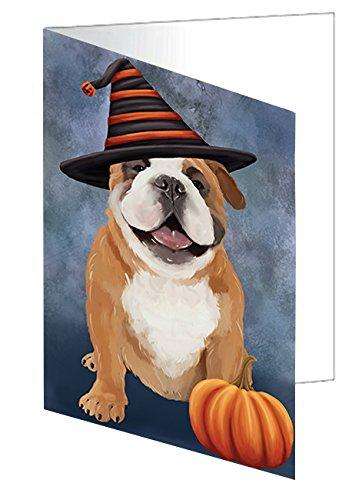 Happy Halloween English Bulldog Dog Wearing Witch Hat with Pumpkin Handmade Artwork Assorted Pets Greeting Cards and Note Cards with Envelopes for All Occasions and Holiday Seasons D475