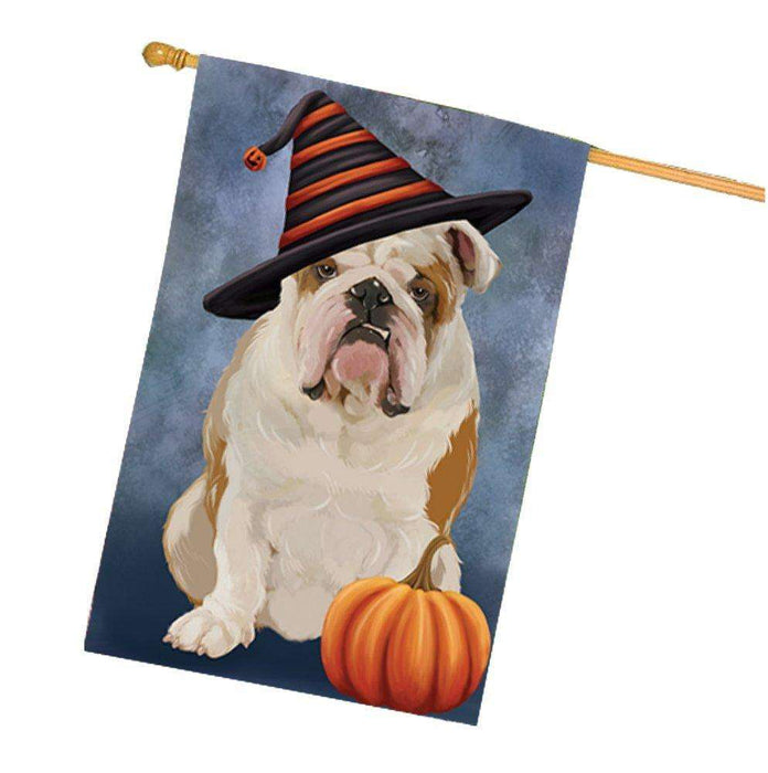 Happy Halloween English Bulldog Dog Wearing Witch Hat with Pumpkin House Flag