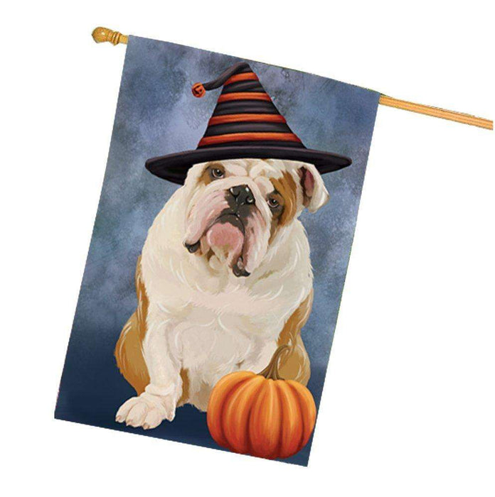 Happy Halloween English Bulldog Dog Wearing Witch Hat with Pumpkin House Flag