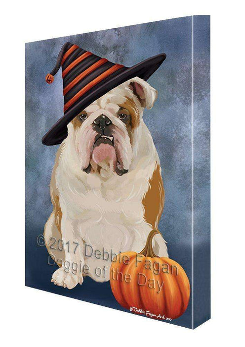 Happy Halloween English Bulldog Dog Wearing Witch Hat with Pumpkin Wall Art Canvas