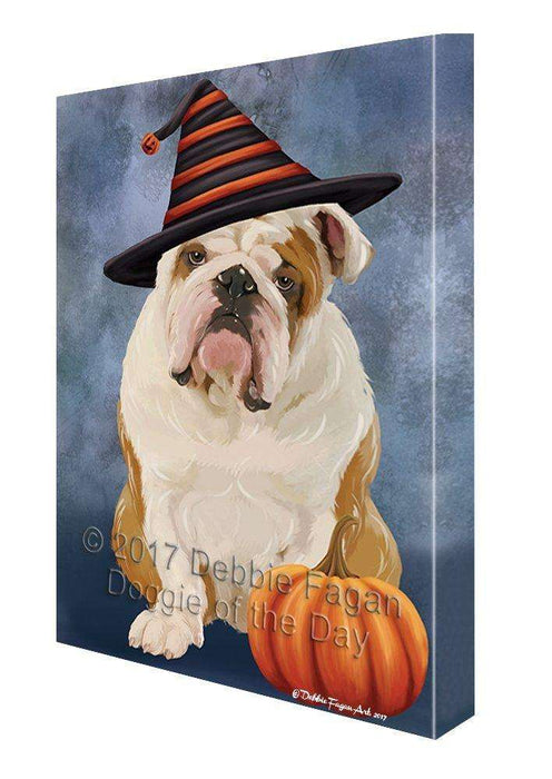 Happy Halloween English Bulldog Dog & Witch Hat with Pumpkin Wall Art Canvas
