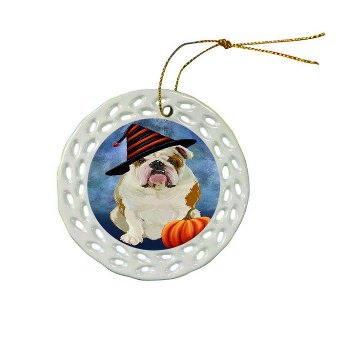 Happy Halloween English Bulldog Wearing Witch Hat with Pumpkin Ceramic Doily Ornament DPOR55072