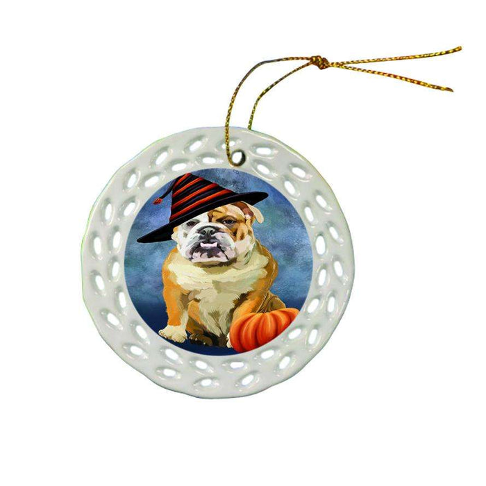 Happy Halloween English Bulldog Wearing Witch Hat with Pumpkin Ceramic Doily Ornament DPOR55073