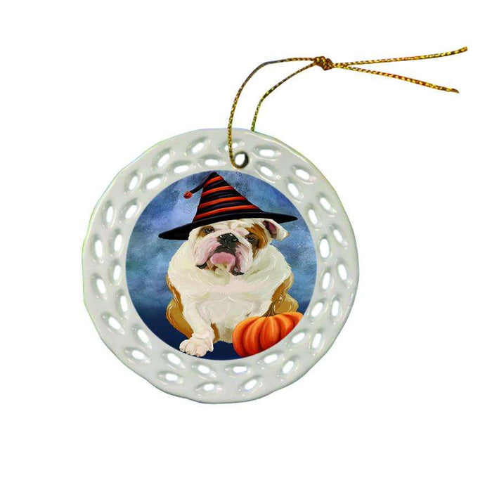 Happy Halloween English Bulldog Wearing Witch Hat with Pumpkin Ceramic Doily Ornament DPOR55074