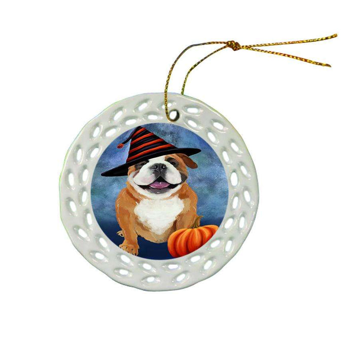 Happy Halloween English Bulldog Wearing Witch Hat with Pumpkin Ceramic Doily Ornament DPOR55075