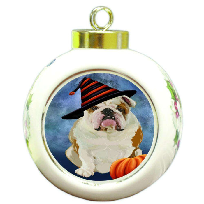 Happy Halloween English Bulldog Wearing Witch Hat with Pumpkin Round Ball Christmas Ornament RBPOR55072