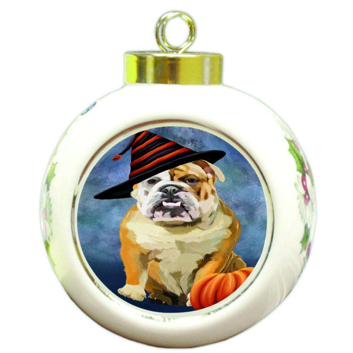 Happy Halloween English Bulldog Wearing Witch Hat with Pumpkin Round Ball Christmas Ornament RBPOR55073