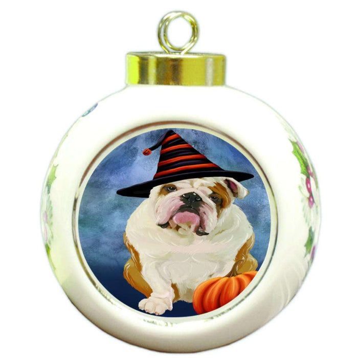 Happy Halloween English Bulldog Wearing Witch Hat with Pumpkin Round Ball Christmas Ornament RBPOR55074
