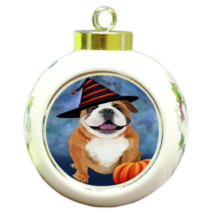 Happy Halloween English Bulldog Wearing Witch Hat with Pumpkin Round Ball Christmas Ornament RBPOR55075