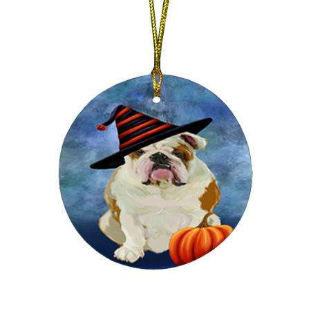 Happy Halloween English Bulldog Wearing Witch Hat with Pumpkin Round Flat Christmas Ornament RFPOR55063