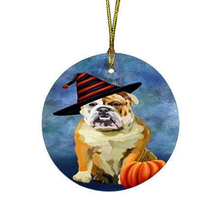 Happy Halloween English Bulldog Wearing Witch Hat with Pumpkin Round Flat Christmas Ornament RFPOR55064