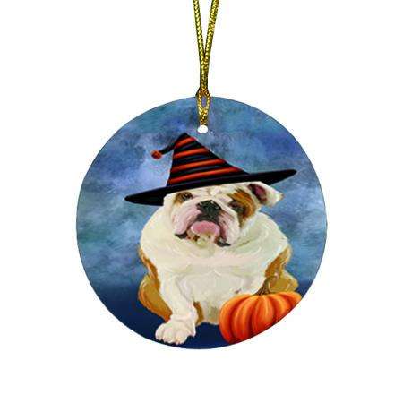 Happy Halloween English Bulldog Wearing Witch Hat with Pumpkin Round Flat Christmas Ornament RFPOR55065