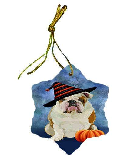 Happy Halloween English Bulldog Wearing Witch Hat with Pumpkin Star Porcelain Ornament SPOR55063