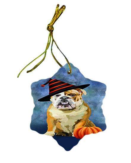Happy Halloween English Bulldog Wearing Witch Hat with Pumpkin Star Porcelain Ornament SPOR55064