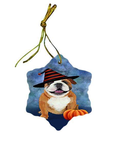 Happy Halloween English Bulldog Wearing Witch Hat with Pumpkin Star Porcelain Ornament SPOR55066