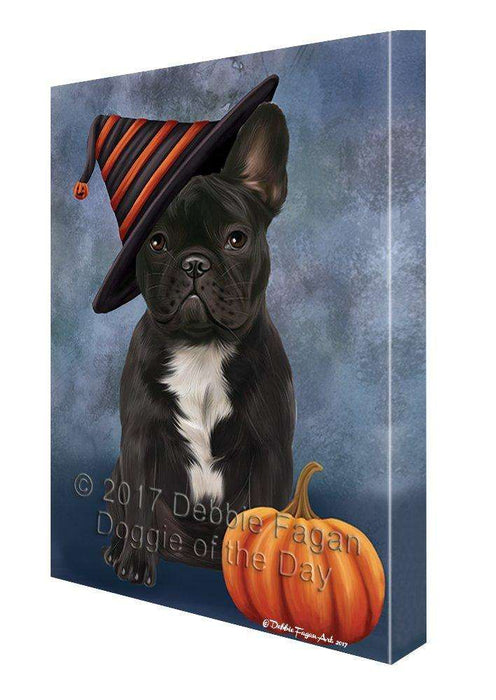 Happy Halloween French Bulldog Dog and Witch Hat with Pumpkin Wall Art Canvas