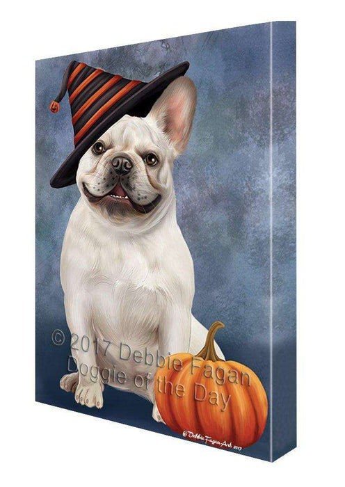 Happy Halloween French Bulldog Dog Sporting Witch Hat with Pumpkin Wall Art Canvas