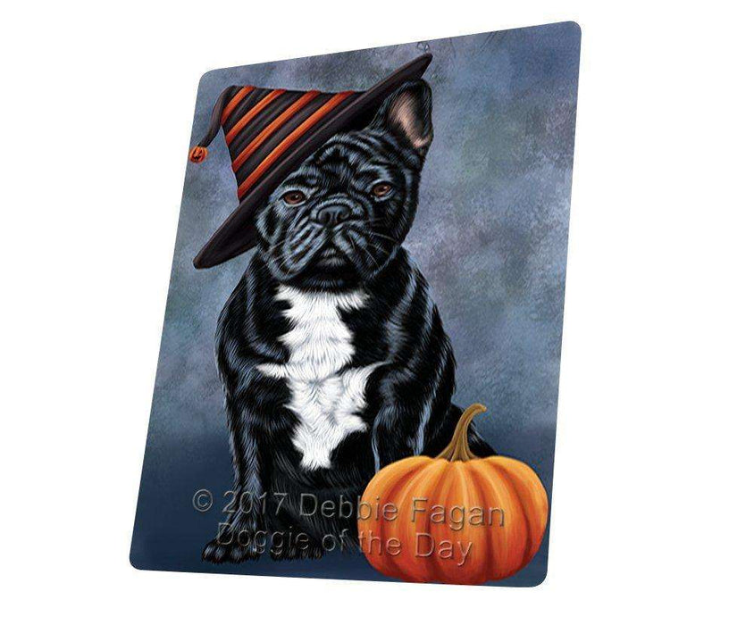 Happy Halloween French Bulldog Dog Wearing Witch Hat with Pumpkin Art Portrait Print Woven Throw Sherpa Plush Fleece Blanket