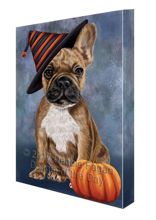 Happy Halloween French Bulldog Dog Wearing Witch Hat with Pumpkin Canvas Wall Art