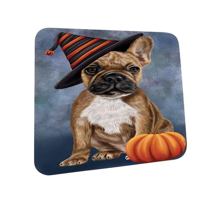 Happy Halloween French Bulldog Dog Wearing Witch Hat with Pumpkin Coasters Set of 4