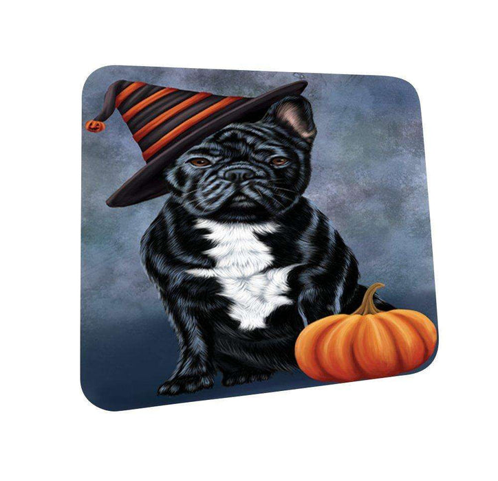 Happy Halloween French Bulldog Dog Wearing Witch Hat with Pumpkin Coasters Set of 4